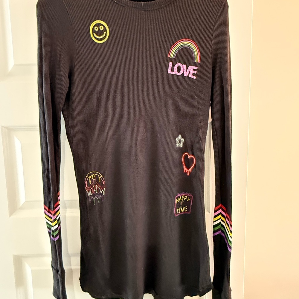 Lauren Moshi Black Long Sleeve Tee with Colorful Designs